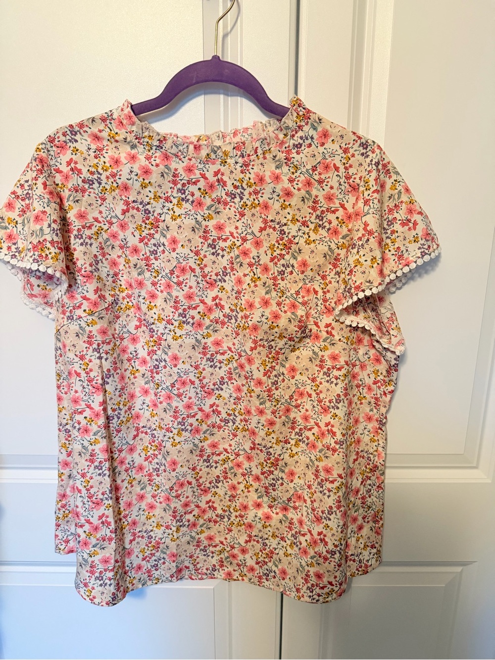 Pink Floral Short Sleeve Blouse with Pom Trim
